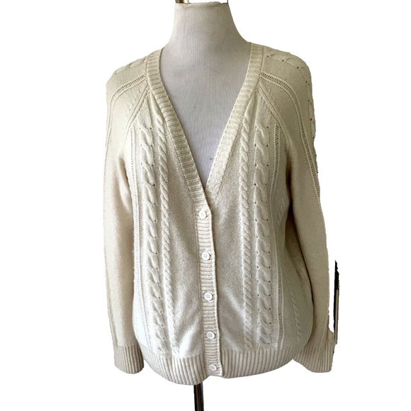 NWT Magaschoni 100% ivory cashmere button front cardigan size L - Picture 1 of 9